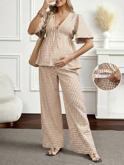 Maternity 2-Piece Plaid Lounge Set - Baby Blue Lace-Up Ruffle Blouse and Wide Leg Pants Set