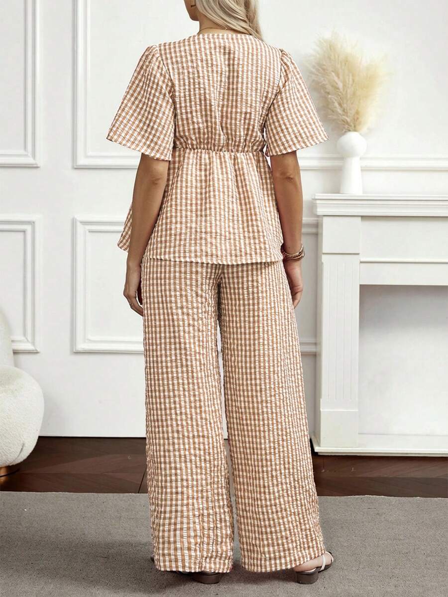 Maternity 2-Piece Plaid Lounge Set - Baby Blue Lace-Up Ruffle Blouse and Wide Leg Pants Set