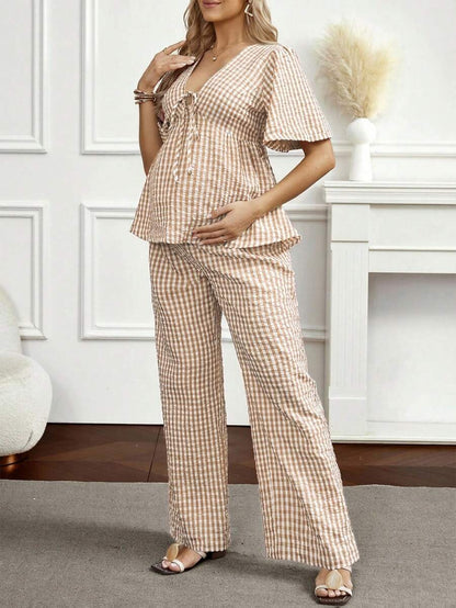 Maternity 2-Piece Plaid Lounge Set - Baby Blue Lace-Up Ruffle Blouse and Wide Leg Pants Set
