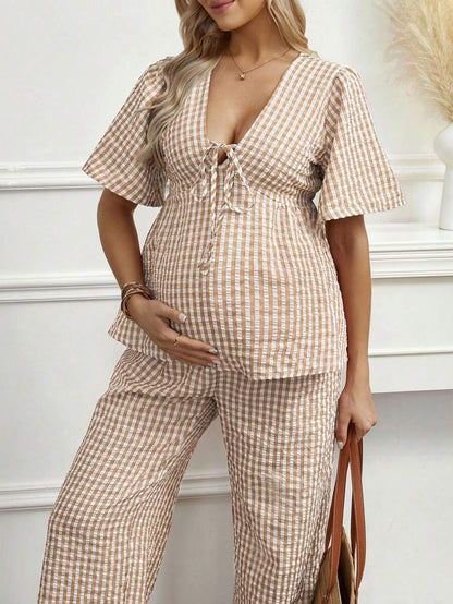 Maternity 2-Piece Plaid Lounge Set - Baby Blue Lace-Up Ruffle Blouse and Wide Leg Pants Set