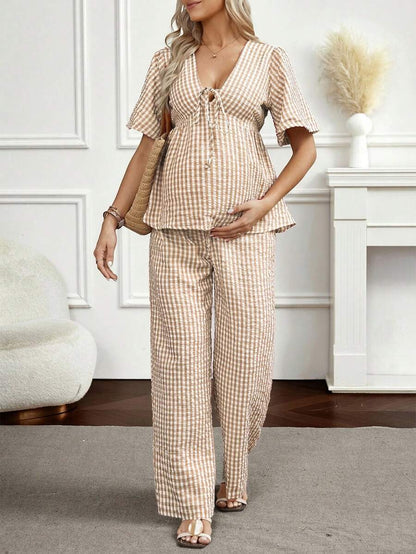 Maternity 2-Piece Plaid Lounge Set - Baby Blue Lace-Up Ruffle Blouse and Wide Leg Pants Set