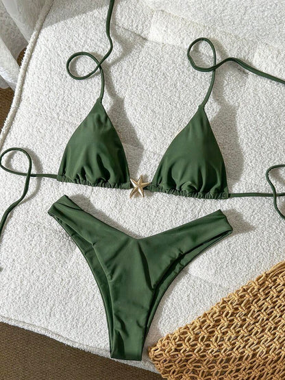 Swim Vcay Women's Solid Color Spaghetti Strap Metal Decor Sexy Bikini Set, Summer