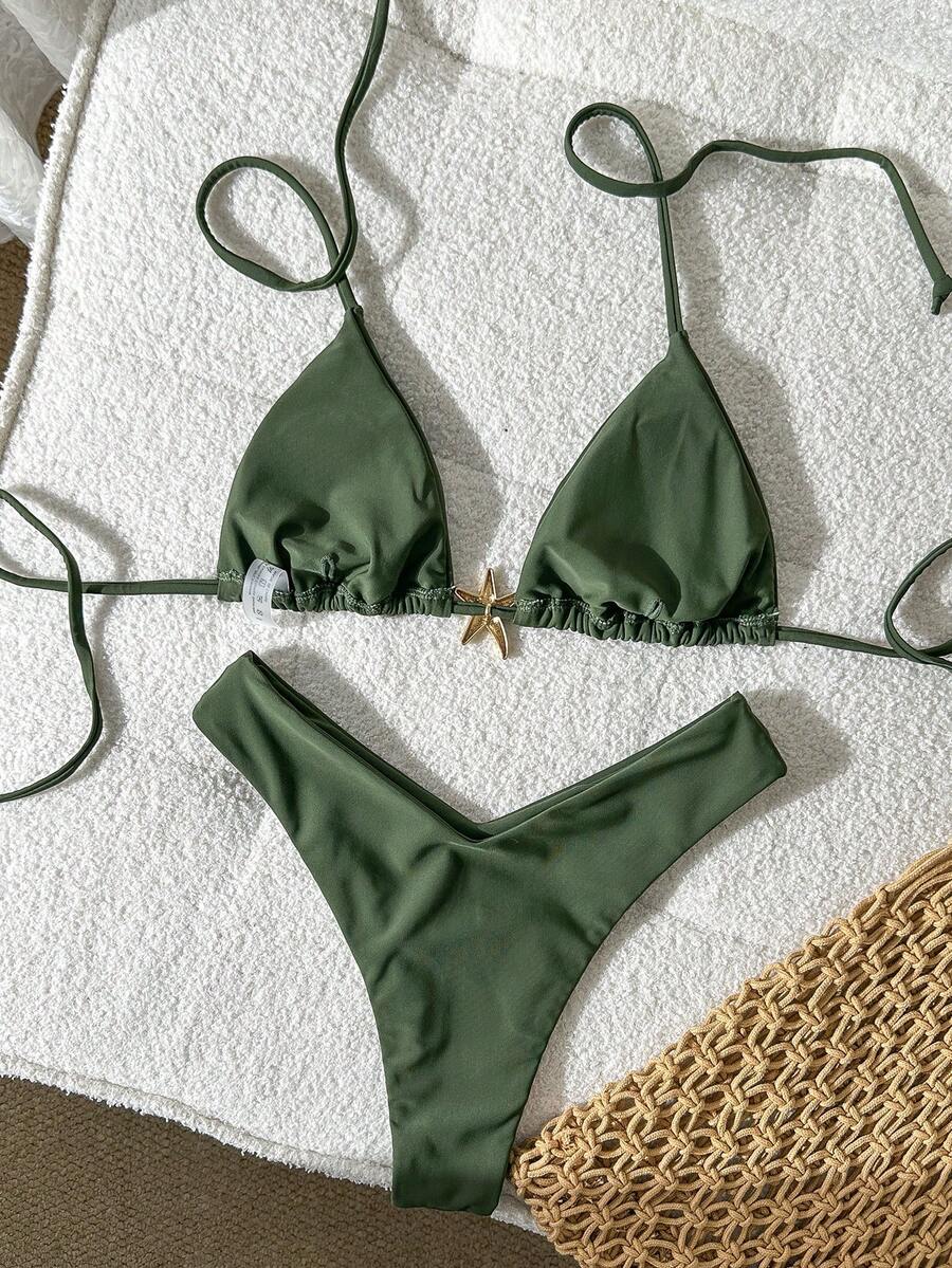 Swim Vcay Women's Solid Color Spaghetti Strap Metal Decor Sexy Bikini Set, Summer