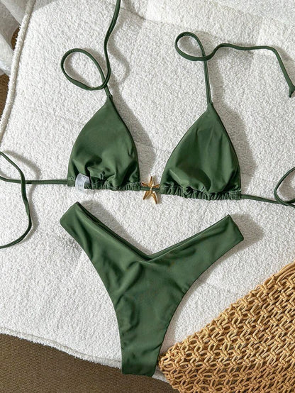 Swim Vcay Women's Solid Color Spaghetti Strap Metal Decor Sexy Bikini Set, Summer