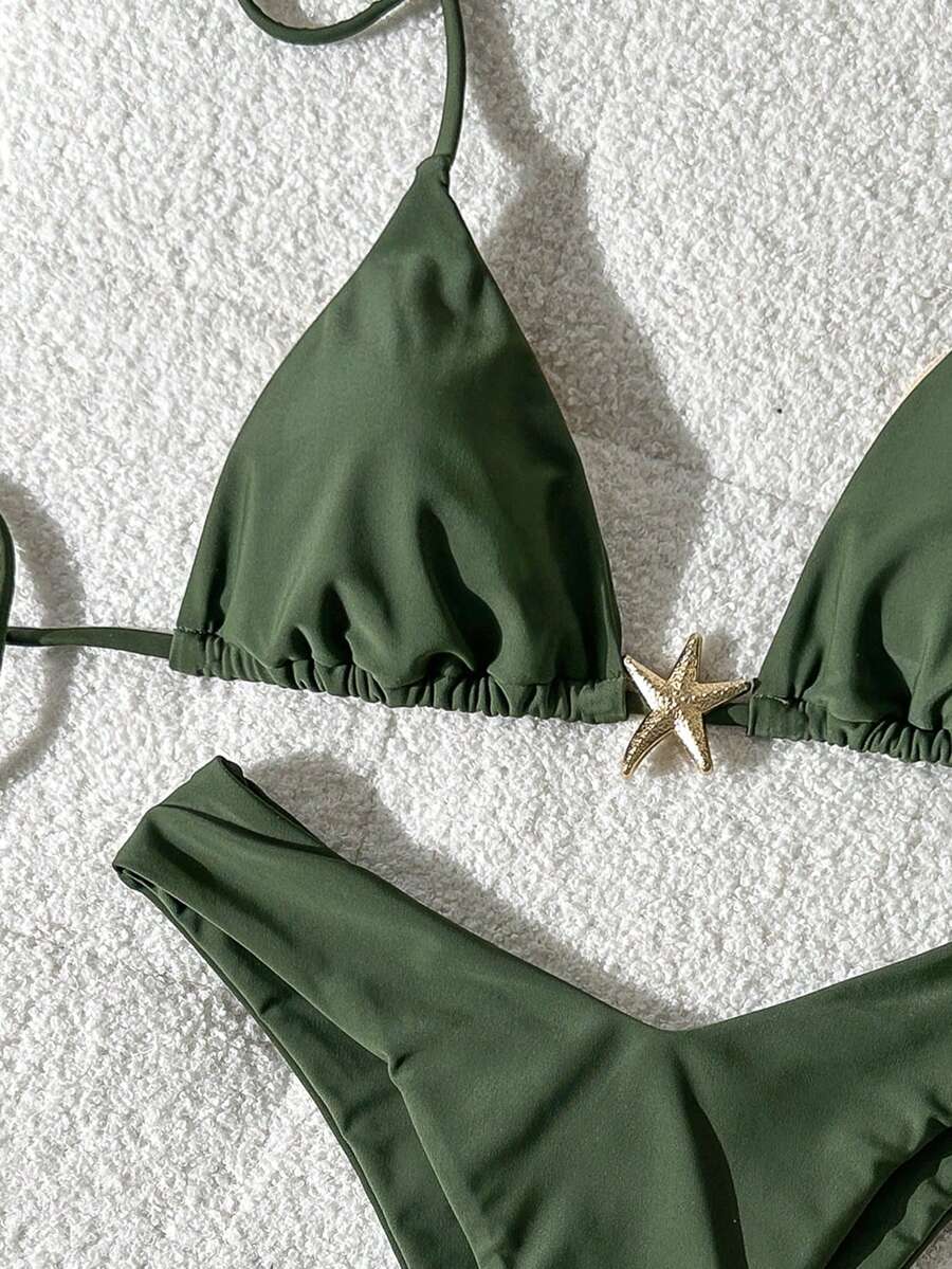 Swim Vcay Women's Solid Color Spaghetti Strap Metal Decor Sexy Bikini Set, Summer