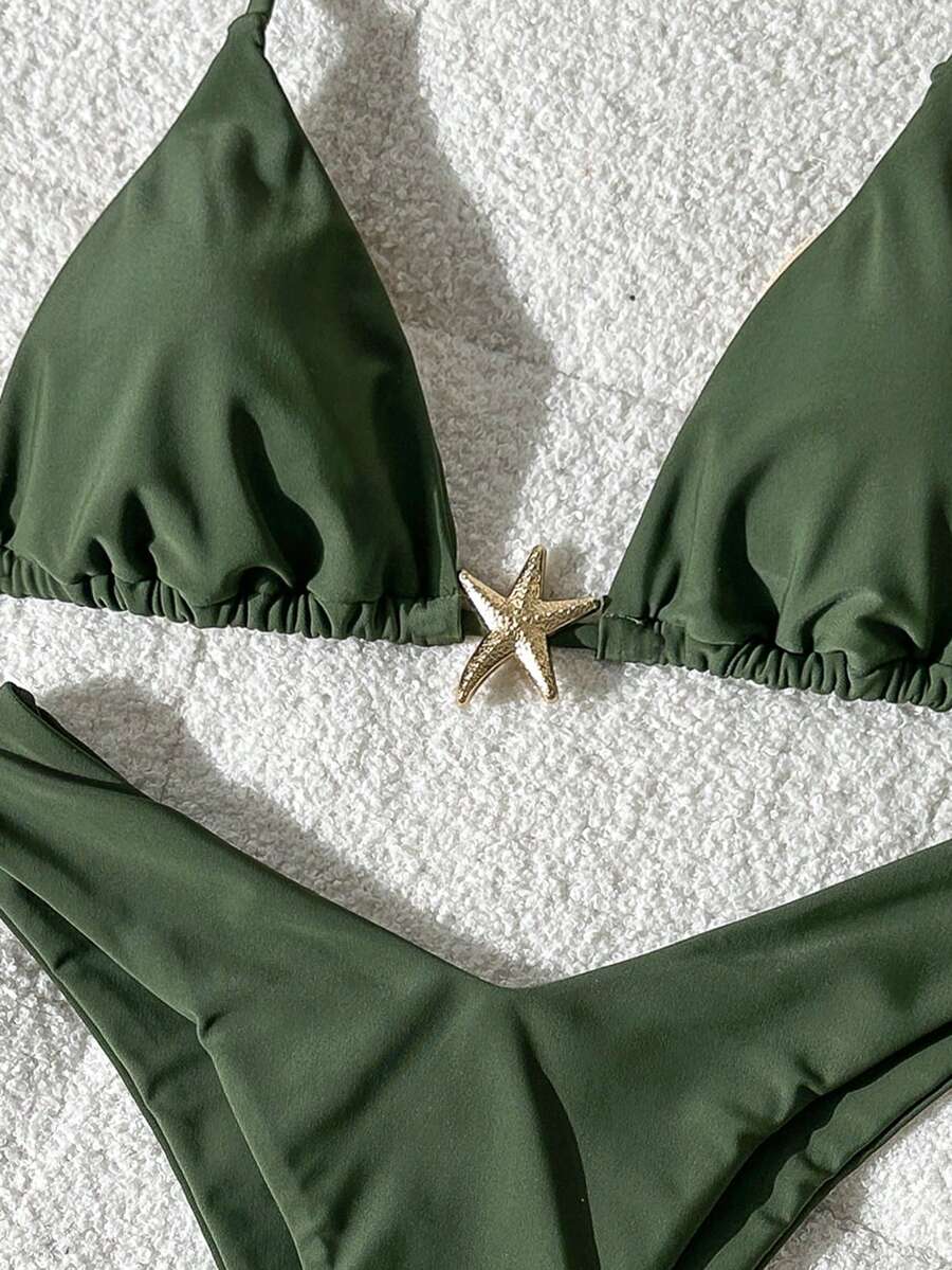 Swim Vcay Women's Solid Color Spaghetti Strap Metal Decor Sexy Bikini Set, Summer
