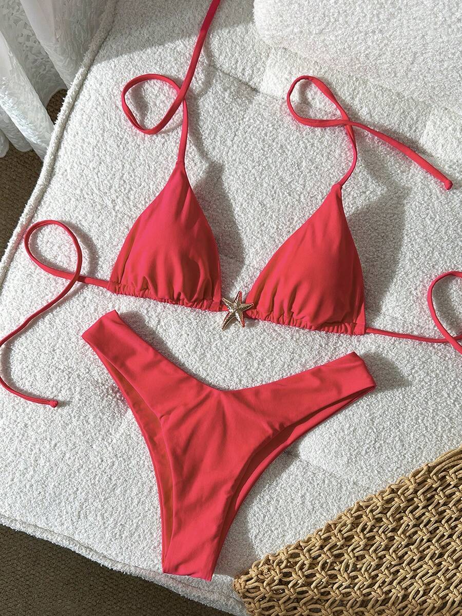 Swim Vcay Women's Solid Color Spaghetti Strap Metal Decor Sexy Bikini Set, Summer