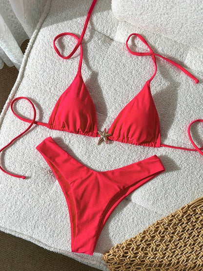 Swim Vcay Women's Solid Color Spaghetti Strap Metal Decor Sexy Bikini Set, Summer