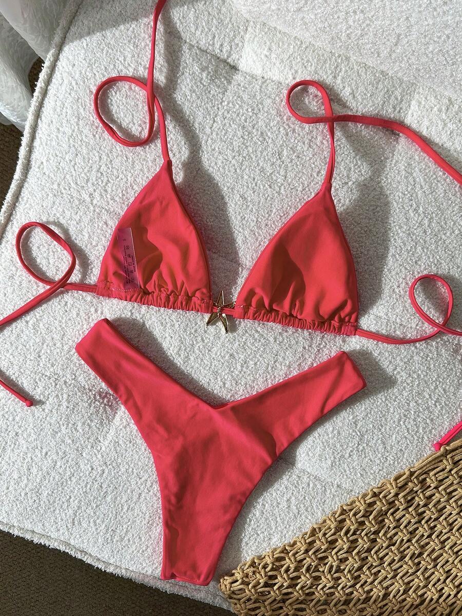 Swim Vcay Women's Solid Color Spaghetti Strap Metal Decor Sexy Bikini Set, Summer