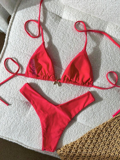 Swim Vcay Women's Solid Color Spaghetti Strap Metal Decor Sexy Bikini Set, Summer