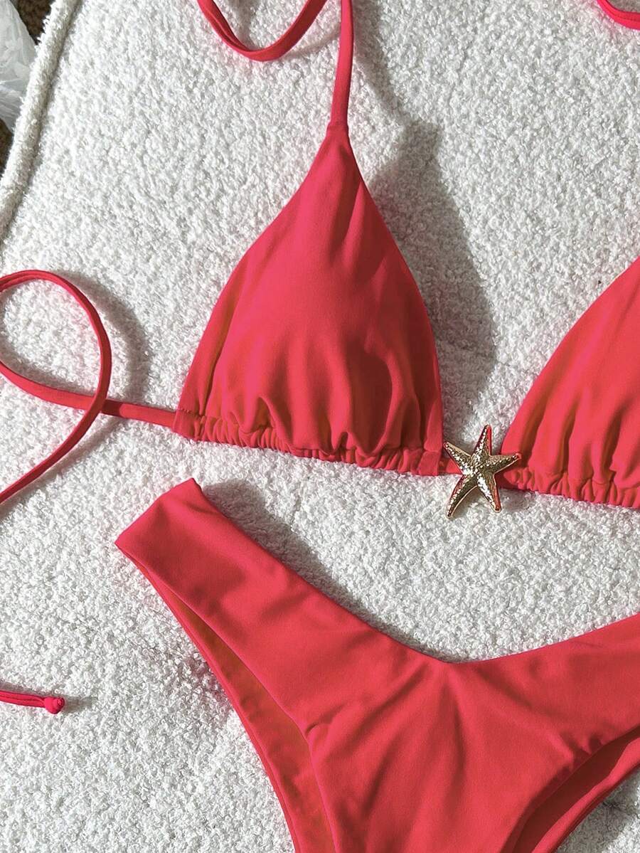 Swim Vcay Women's Solid Color Spaghetti Strap Metal Decor Sexy Bikini Set, Summer