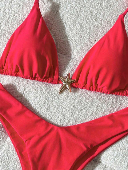 Swim Vcay Women's Solid Color Spaghetti Strap Metal Decor Sexy Bikini Set, Summer