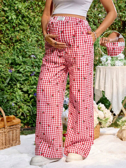 Blue and White Strawberry Plaid Maternity Pants - Boho Ultra High Waist Straight Leg Trousers - Loose Fit Spring Fall Maternity Bottoms