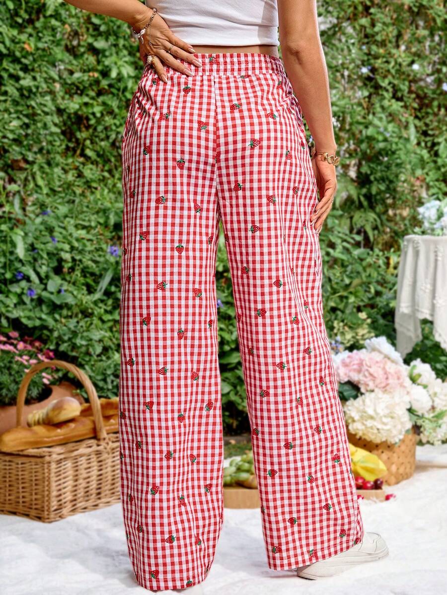 Blue and White Strawberry Plaid Maternity Pants - Boho Ultra High Waist Straight Leg Trousers - Loose Fit Spring Fall Maternity Bottoms
