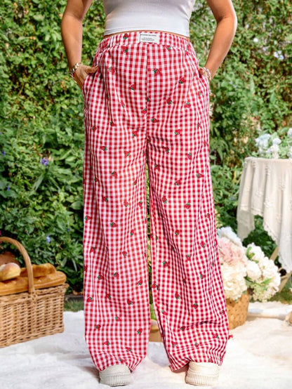 Blue and White Strawberry Plaid Maternity Pants - Boho Ultra High Waist Straight Leg Trousers - Loose Fit Spring Fall Maternity Bottoms