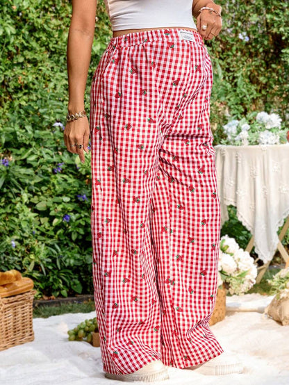 Blue and White Strawberry Plaid Maternity Pants - Boho Ultra High Waist Straight Leg Trousers - Loose Fit Spring Fall Maternity Bottoms