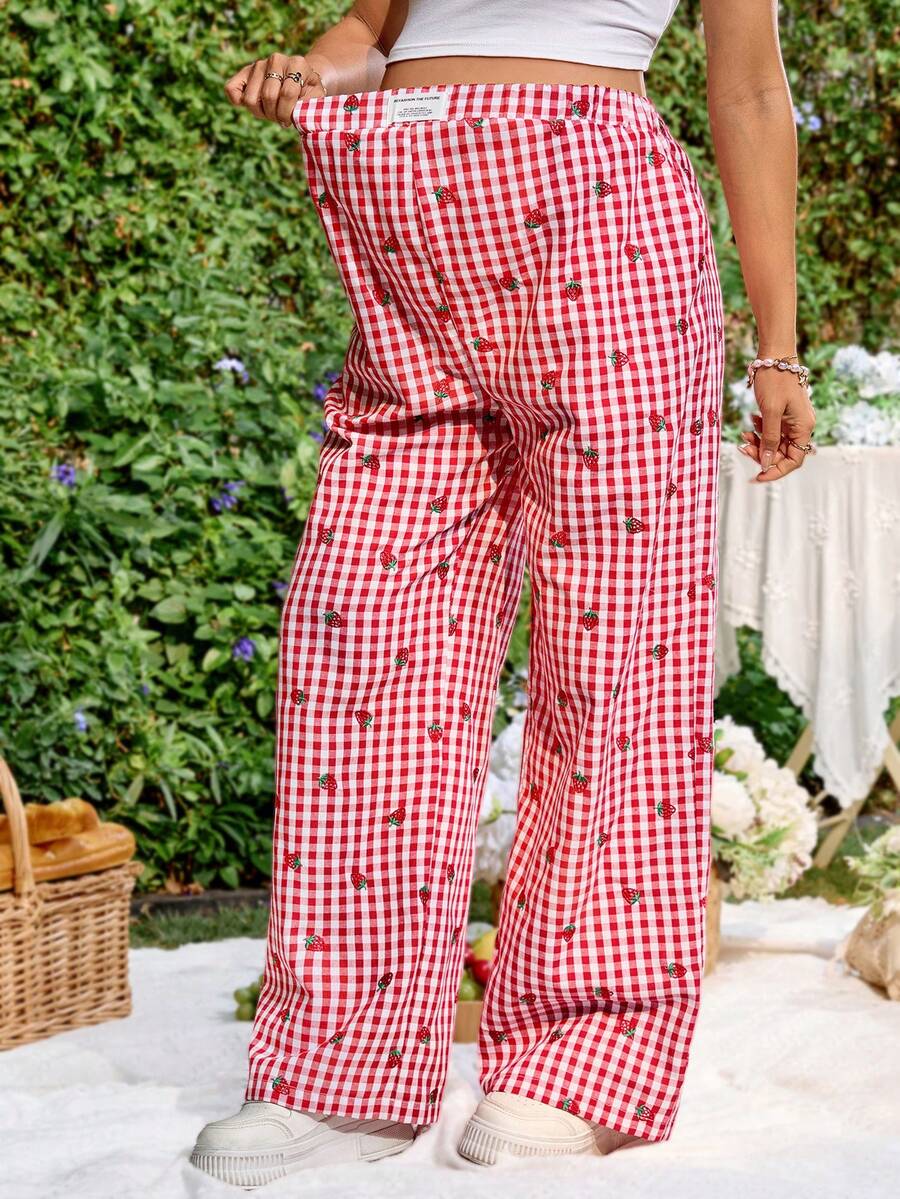 Blue and White Strawberry Plaid Maternity Pants - Boho Ultra High Waist Straight Leg Trousers - Loose Fit Spring Fall Maternity Bottoms