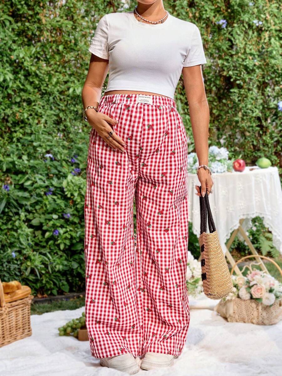 Blue and White Strawberry Plaid Maternity Pants - Boho Ultra High Waist Straight Leg Trousers - Loose Fit Spring Fall Maternity Bottoms