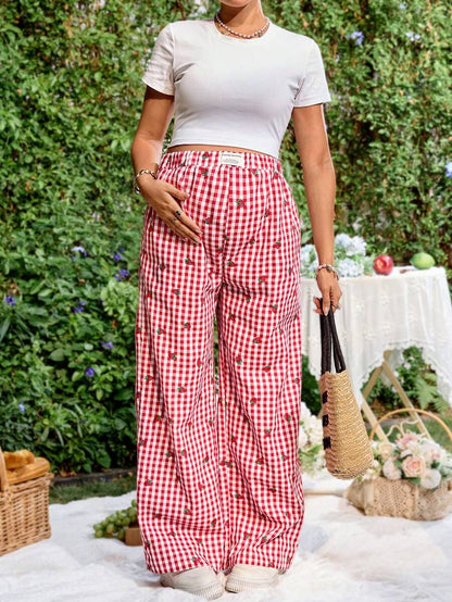 Blue and White Strawberry Plaid Maternity Pants - Boho Ultra High Waist Straight Leg Trousers - Loose Fit Spring Fall Maternity Bottoms