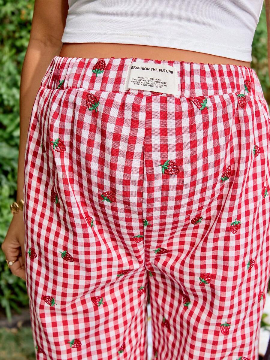 Blue and White Strawberry Plaid Maternity Pants - Boho Ultra High Waist Straight Leg Trousers - Loose Fit Spring Fall Maternity Bottoms
