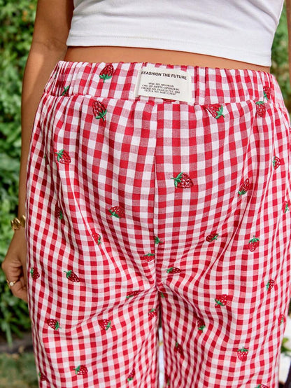 Blue and White Strawberry Plaid Maternity Pants - Boho Ultra High Waist Straight Leg Trousers - Loose Fit Spring Fall Maternity Bottoms