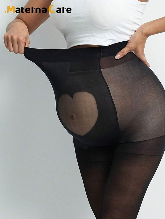 Maternity Pantyhose - Black Heart Shaped Transparent Abdomen High Waist Skinny Sheer, Plus Size
