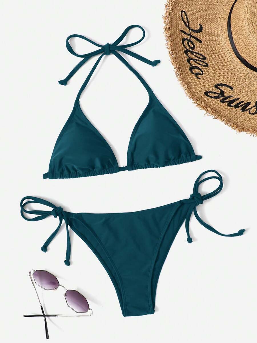 Women's 2-Piece Halter Bikini Set - Leopard & Floral Print, Tie Side, Triangle Cup, Multicolor