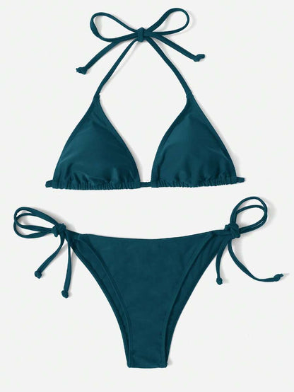 Women's Plain Halter Bikini Set - Knot Detail, Tie Side, Triangle Cup, Navy Blue