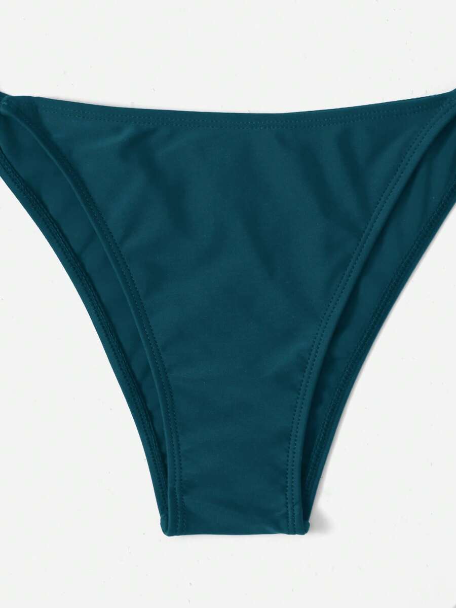 Women's Plain Halter Bikini Set - Knot Detail, Tie Side, Triangle Cup, Navy Blue