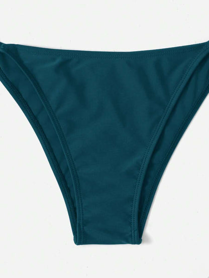 Women's Plain Halter Bikini Set - Knot Detail, Tie Side, Triangle Cup, Navy Blue