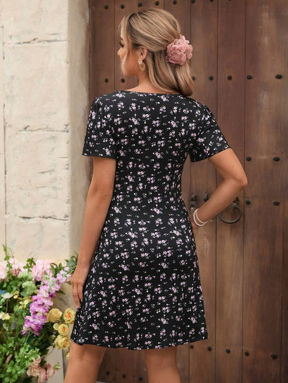 Maternity Knitted Floral V-Neck Midi Dress with Ruffle Puff Sleeves Slim Fit Boho A-Line Daily Pregnancy Outfit