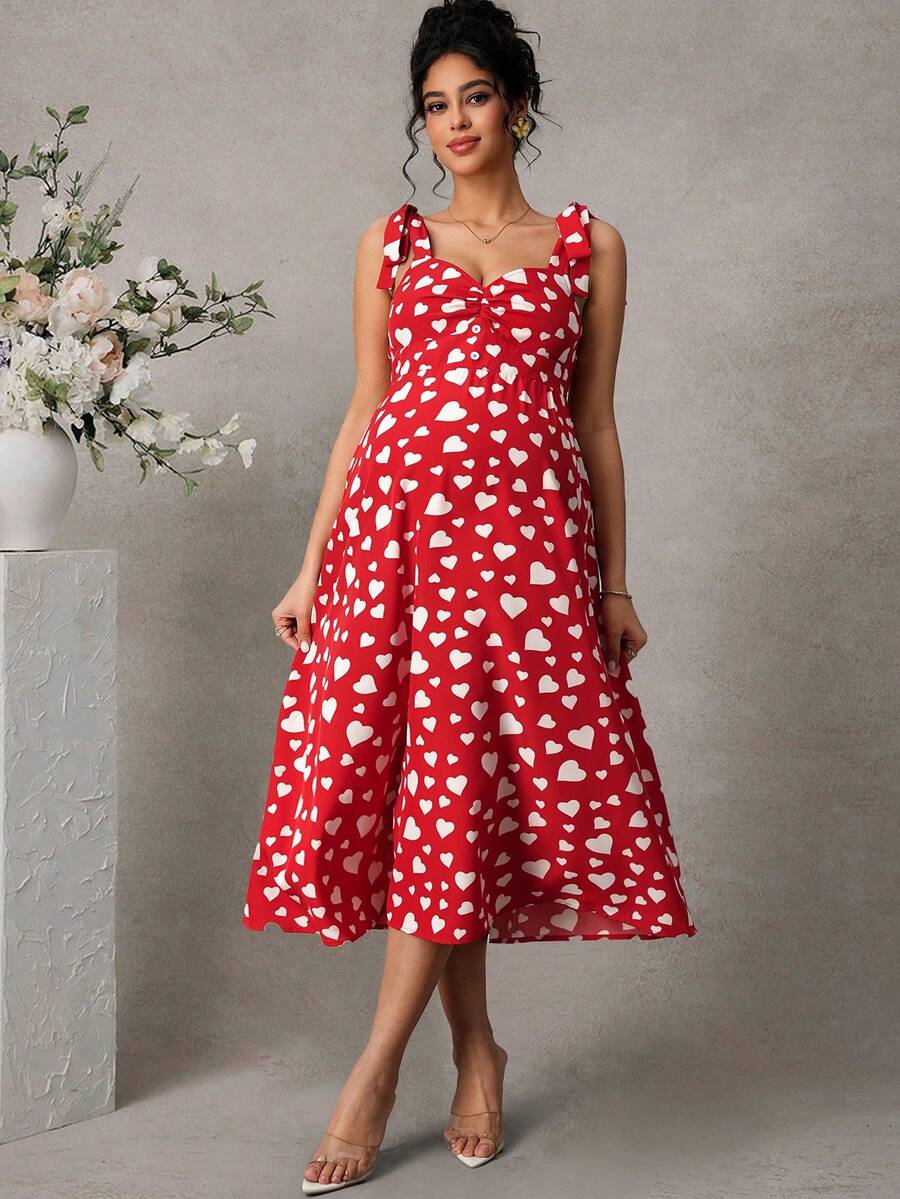 Maternity Printed Cami Midi Dress - Strap, Sleeveless, Shirred, Flared Hem, Slim Fit, Red