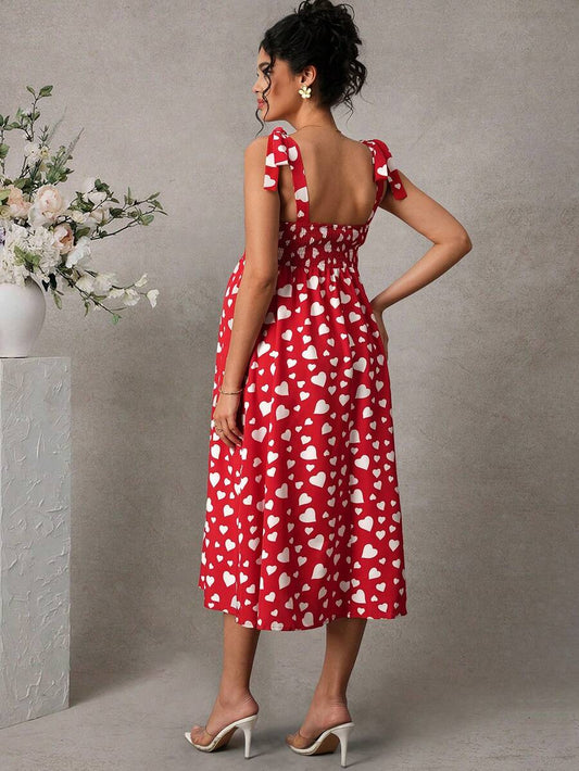 Maternity Printed Cami Midi Dress - Strap, Sleeveless, Shirred, Flared Hem, Slim Fit, Red
