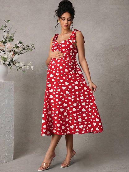 Maternity Printed Cami Midi Dress - Strap, Sleeveless, Shirred, Flared Hem, Slim Fit, Red