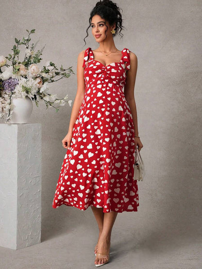 Maternity Printed Cami Midi Dress - Strap, Sleeveless, Shirred, Flared Hem, Slim Fit, Red