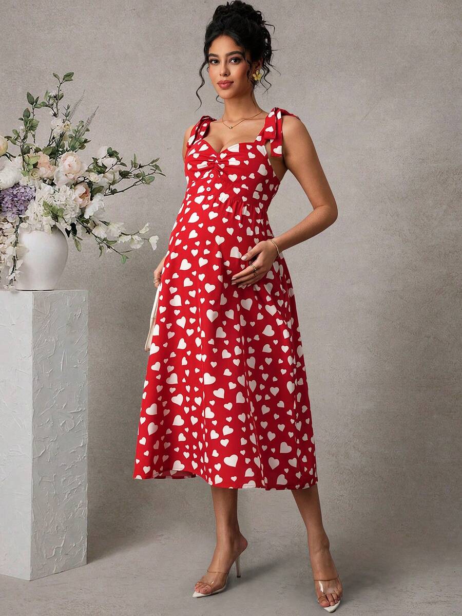 Maternity Printed Cami Midi Dress - Strap, Sleeveless, Shirred, Flared Hem, Slim Fit, Red