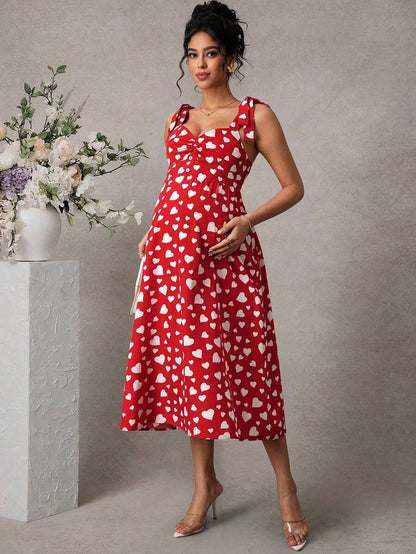 Maternity Printed Cami Midi Dress - Strap, Sleeveless, Shirred, Flared Hem, Slim Fit, Red