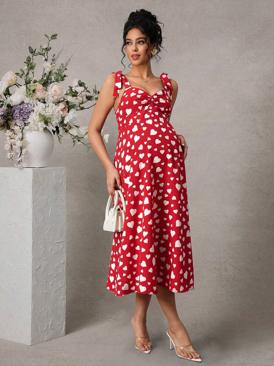 Maternity Printed Cami Midi Dress - Strap, Sleeveless, Shirred, Flared Hem, Slim Fit, Red