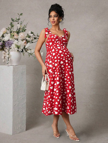 Maternity Printed Cami Midi Dress - Strap, Sleeveless, Shirred, Flared Hem, Slim Fit, Red