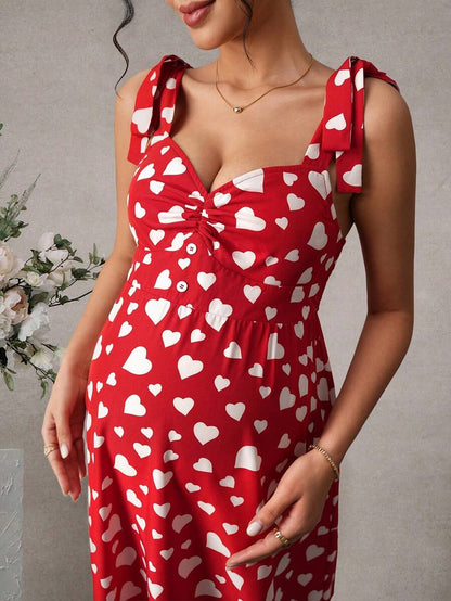 Maternity Printed Cami Midi Dress - Strap, Sleeveless, Shirred, Flared Hem, Slim Fit, Red