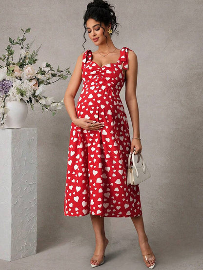 Maternity Printed Cami Midi Dress - Strap, Sleeveless, Shirred, Flared Hem, Slim Fit, Red