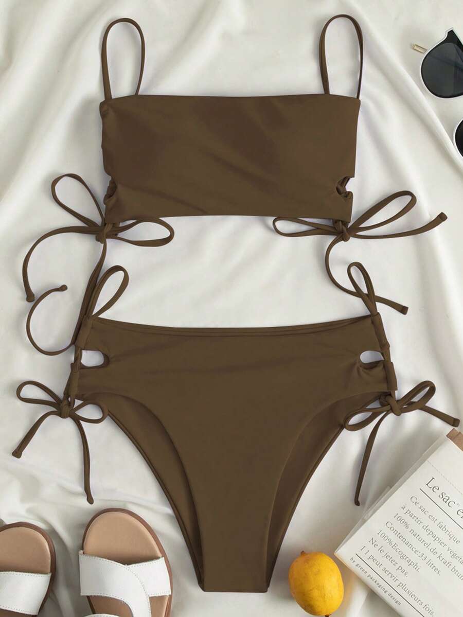 Swim Vcay Women's Solid Color Lace-Up Sexy Bikini Swimsuit Set, Wireless For Summer Beach Vacation