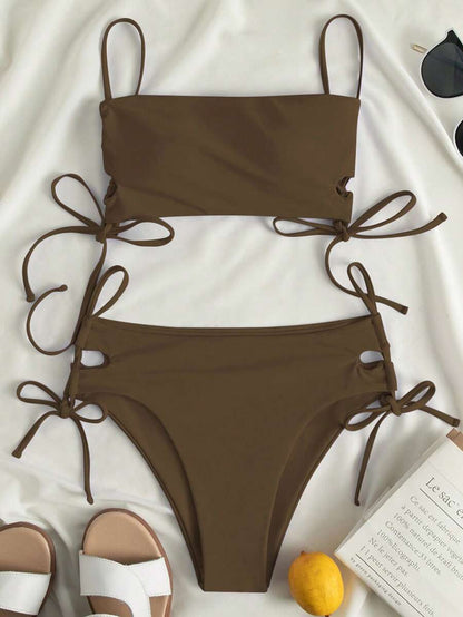 Swim Vcay Women's Solid Color Lace-Up Sexy Bikini Swimsuit Set, Wireless For Summer Beach Vacation