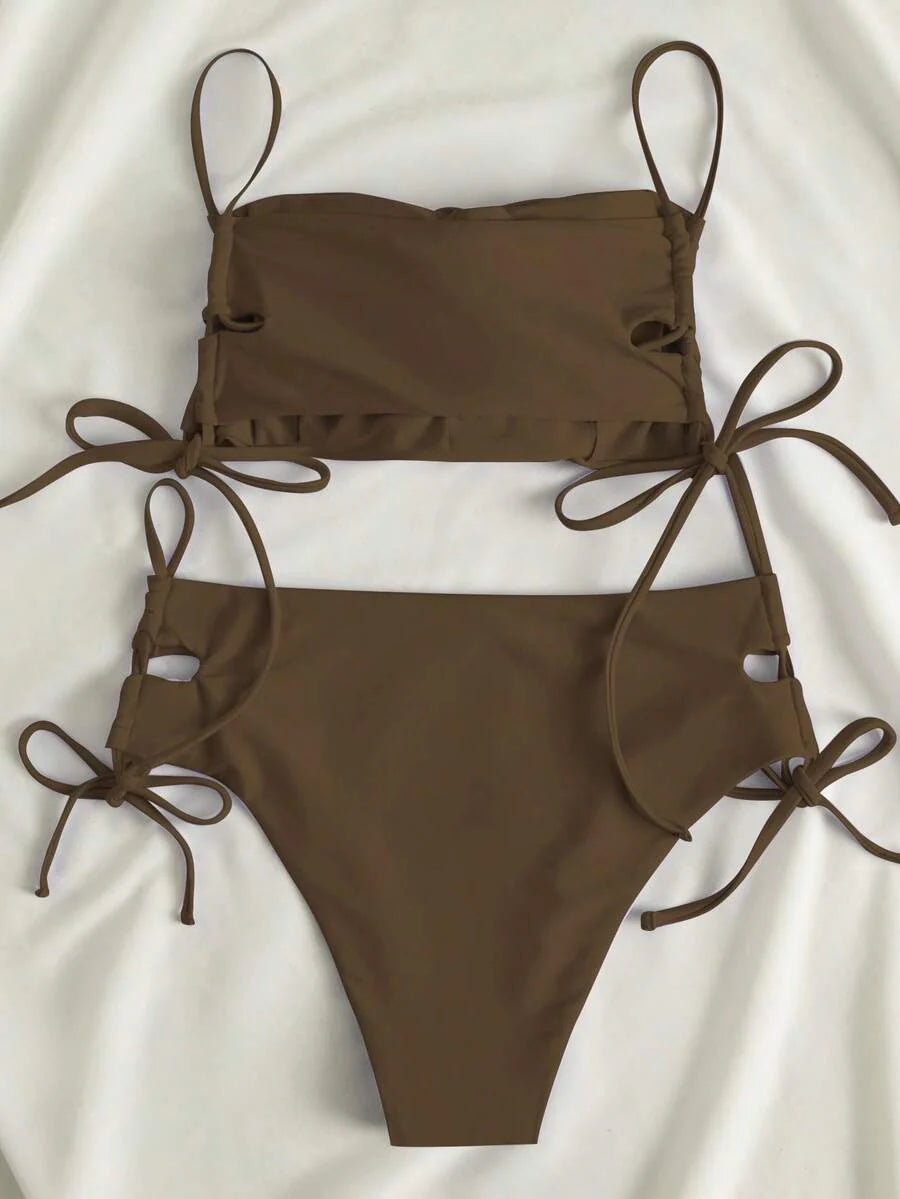Swim Vcay Women's Solid Color Lace-Up Sexy Bikini Swimsuit Set, Wireless For Summer Beach Vacation