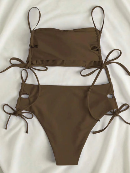 Swim Vcay Women's Solid Color Lace-Up Sexy Bikini Swimsuit Set, Wireless For Summer Beach Vacation