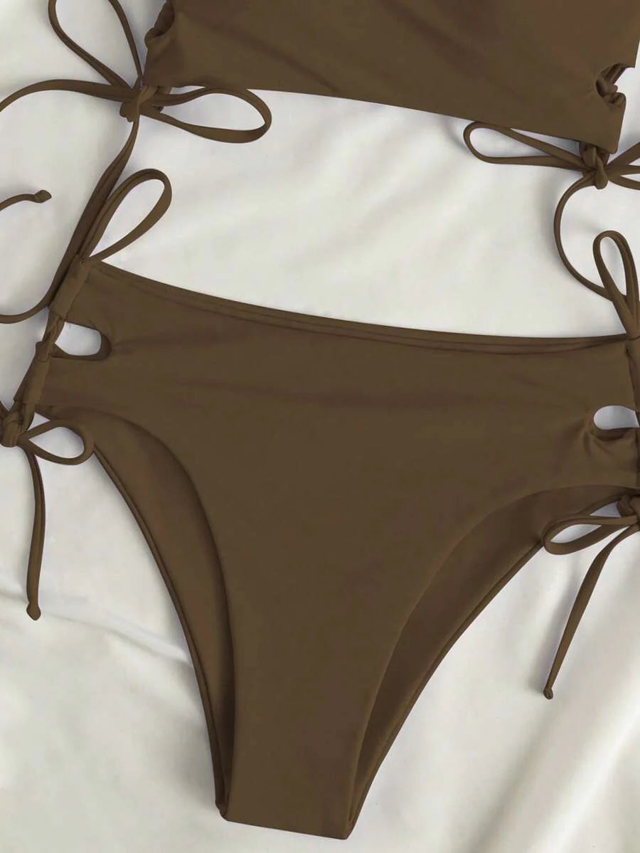 Swim Vcay Women's Solid Color Lace-Up Sexy Bikini Swimsuit Set, Wireless For Summer Beach Vacation