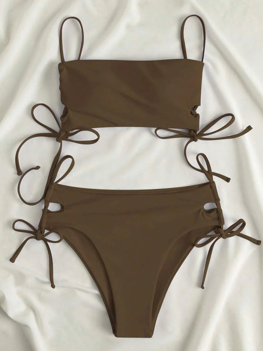 Swim Vcay Women's Solid Color Lace-Up Sexy Bikini Swimsuit Set, Wireless For Summer Beach Vacation