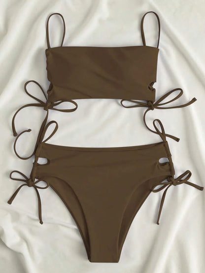 Swim Vcay Women's Solid Color Lace-Up Sexy Bikini Swimsuit Set, Wireless For Summer Beach Vacation