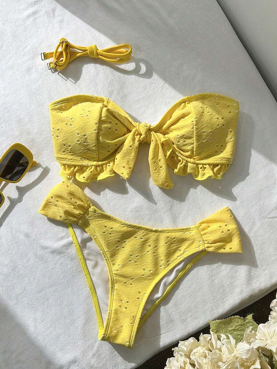Swim Vcay Spring/Summer Solid Color Strap Jacquard Fabric Wireless Bow Decor Cute Beach Vacation Swimwear Set