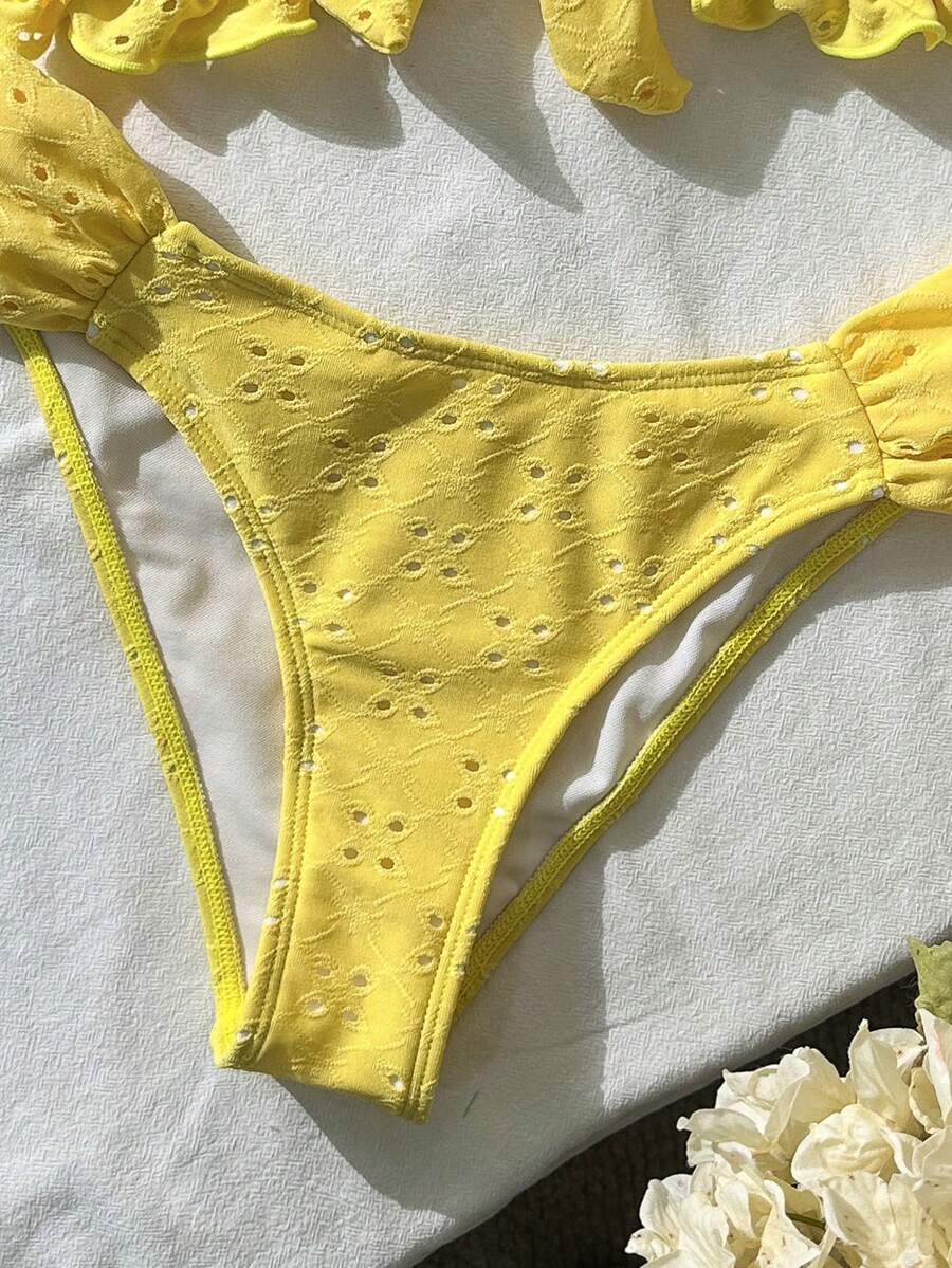 Swim Vcay Spring/Summer Solid Color Strap Jacquard Fabric Wireless Bow Decor Cute Beach Vacation Swimwear Set
